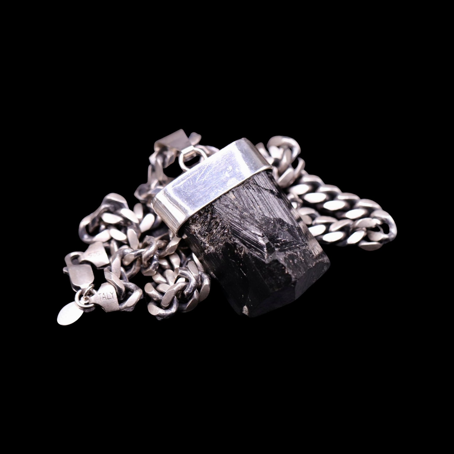 Natural Black Tourmaline on Gunmetal Curb