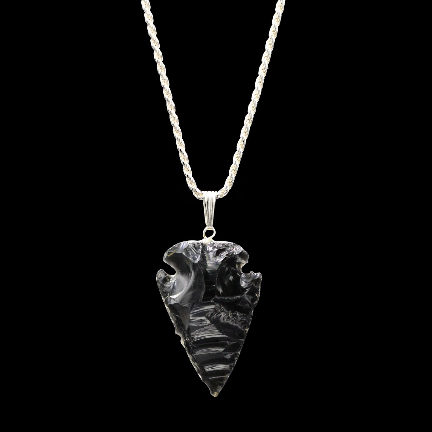 Black Obsidian Arrowhead on Sterling Silver Rope