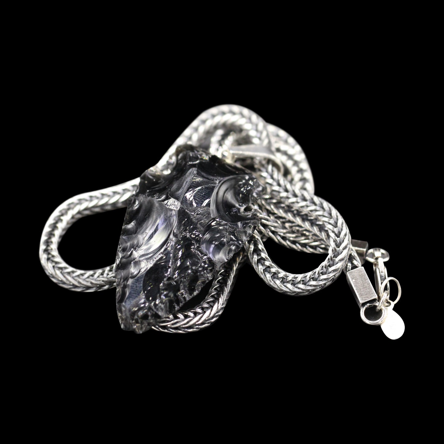 Black Obsidian Arrowhead on Oxidized Sterling Silver Square Foxtail