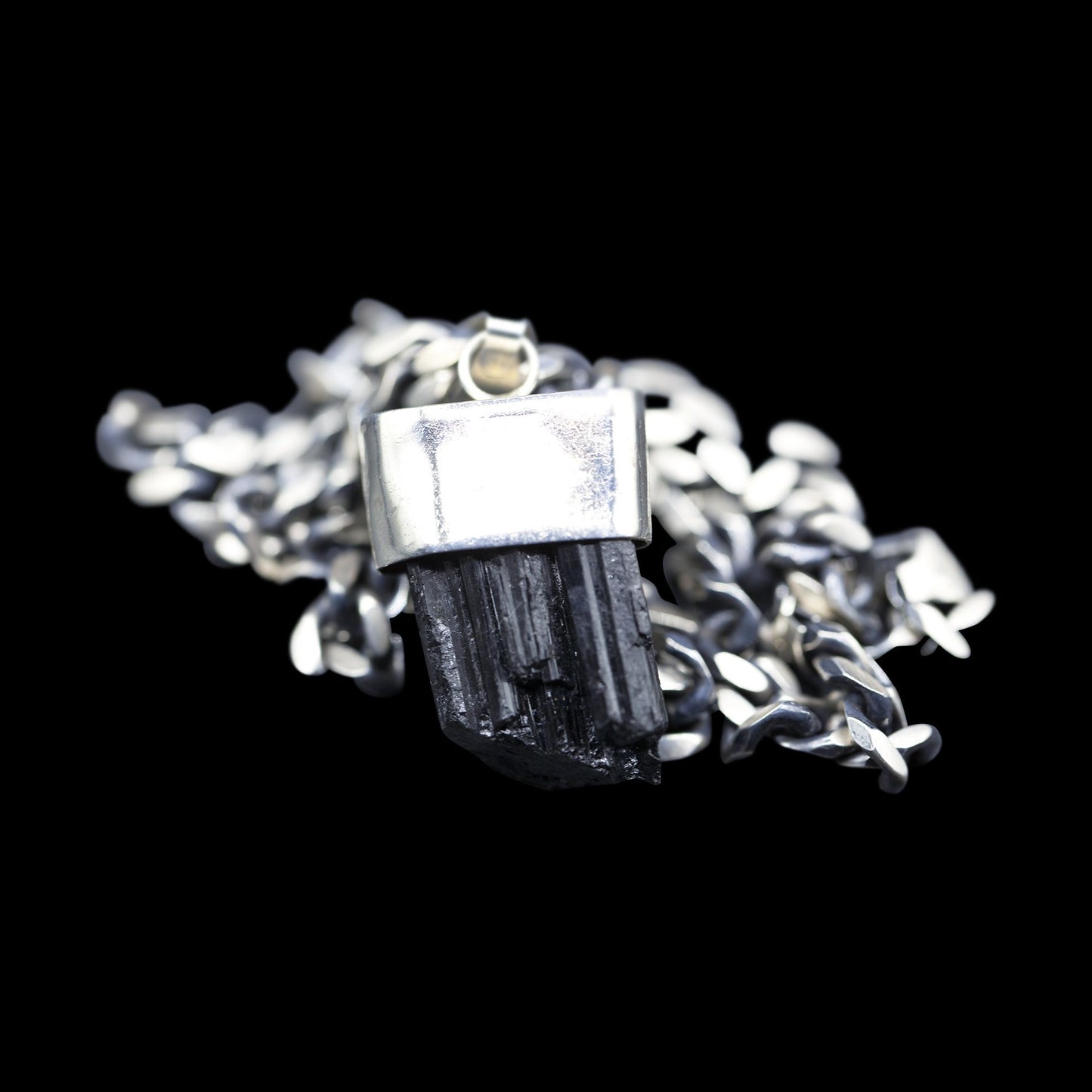 Raw Black Tourmaline on Oxidized Sterling Silver Curb