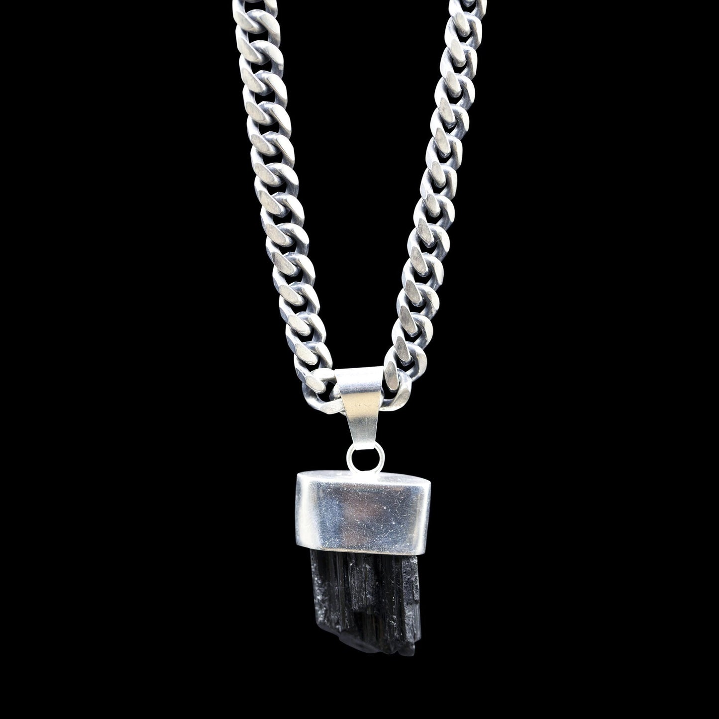 Raw Black Tourmaline on Oxidized Sterling Silver Curb