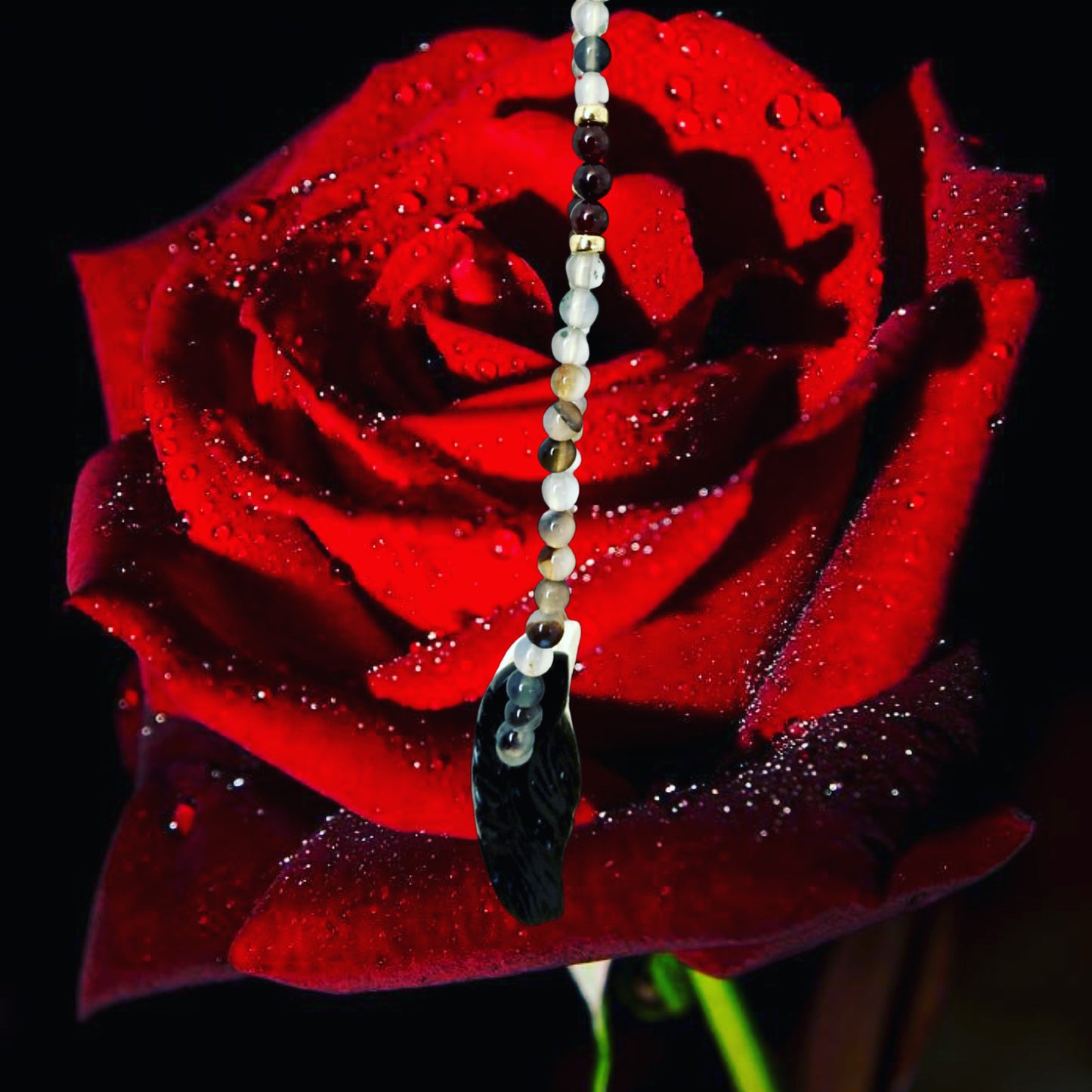 FLOWERMOON22 X HOWLITE + BLACK OBSIDIAN ON FLOWER AGATE + GARNET