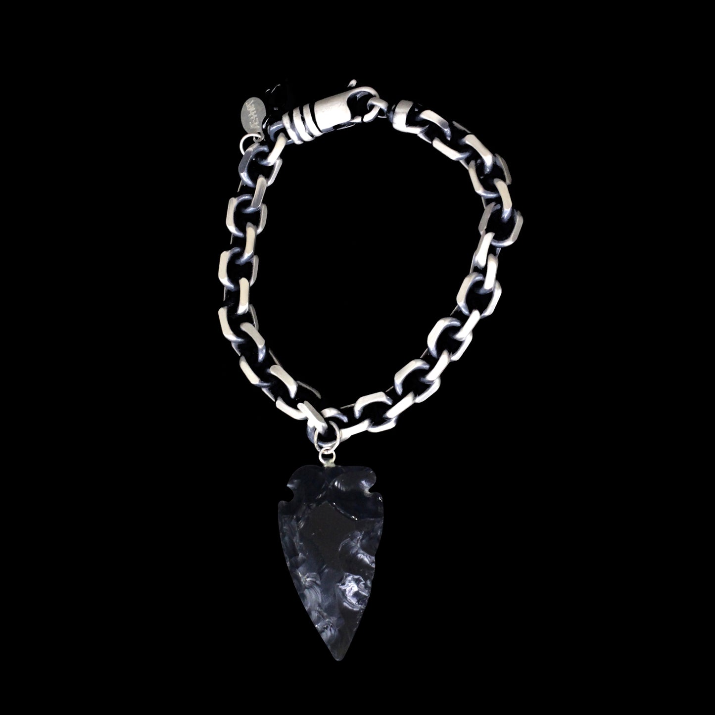 Black Obsidian Arrowhead Oxidized Sterling Silver Cable Bracelet