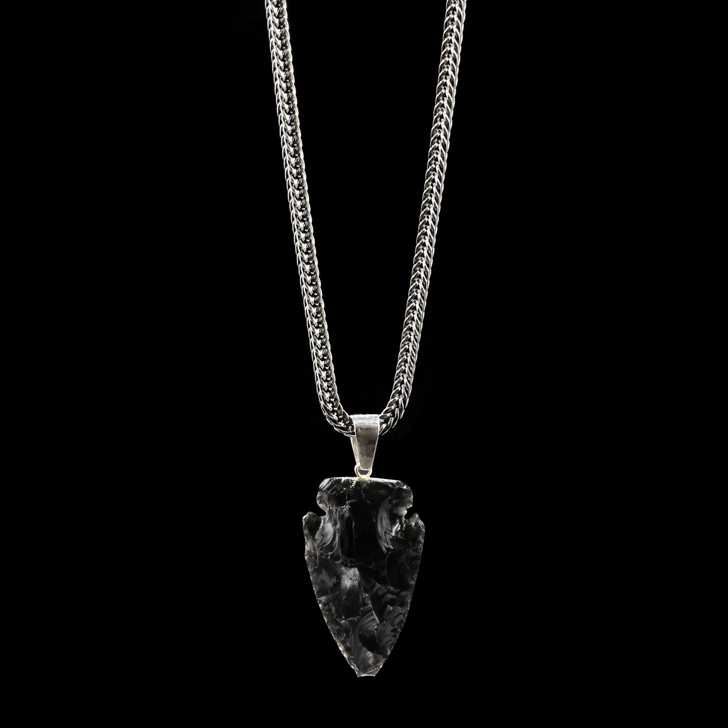 Black Obsidian Arrowhead on Oxidized Sterling Silver Square Foxtail